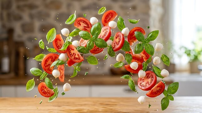 Fresh tomato slices, mozzarella balls, and green basil leaves floating in the air above a wooden kitchen countertop, food