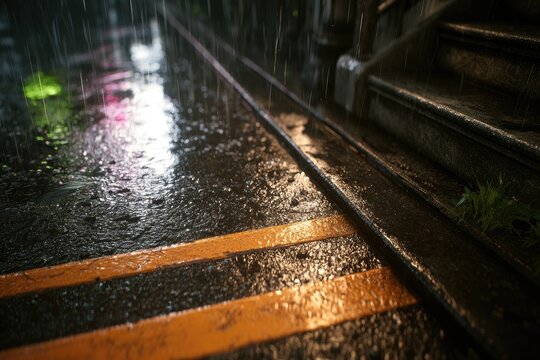 Wet city street with glowing lights and rain
