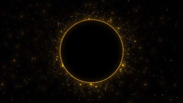Golden eclipse planet space background black circular silhouette, glowing rim, star particles, deep cosmic atmosphere. for astronomy science intros, luxury reveals, cinematic titles, overlays.