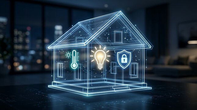 Holographic wireframe model of a house featuring glowing for temperature light and security in a dark living room setting