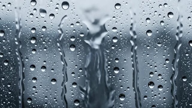 Numerous clear moisture droplets trickle down the surface of a window pane during a heavy rainstorm as the grey autumnal sky creates an atmospheric mood for viewers gazing from the interior home