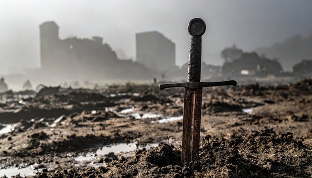 Ancient rusty sword stuck in muddy ground with a foggy medieval castle ruin in the background, symbolizing history and conflict