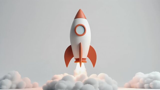 A vibrant 3D illustration of a sleek rocket launching skyward with smoke, symbolizing successful business startups, new project launches, and rapid future growth