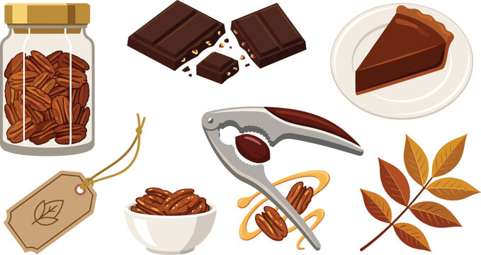 Pecan Nut Dessert Collection with Whole Pecans Shelled Kernels Chocolate Cake Dark Chocolate Autumn Leaves and Healthy Snack Vector Illustration Set