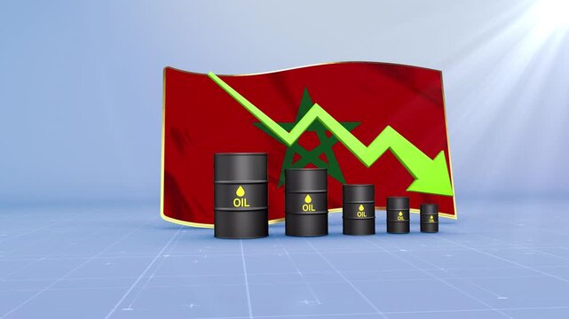 Morocco Oil Price Falling with Oil Barrels Downward Green Arrow and 3D Financial Data Visualization Graphs for Economy and Business Concept