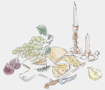 Watercolor Cheese Board with Grapes and Figs Illustration