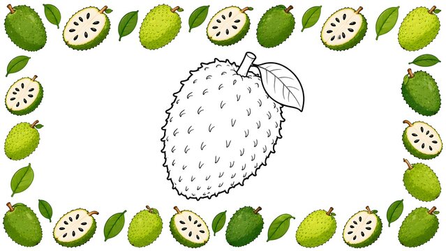 Cute soursop coloring page with a large black and white soursop outline in the center, surrounded by a colorful seamless soursop fruit border. Fun printable activity for kids.