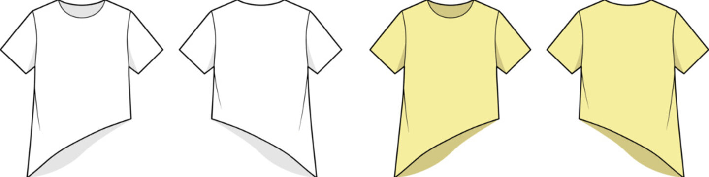 Asymmetrical hem t-shirt technical fashion illustration with relaxed fit, crew neckline, short sleeves. Flat creative apparel template on transparent background. Women lady top CAD