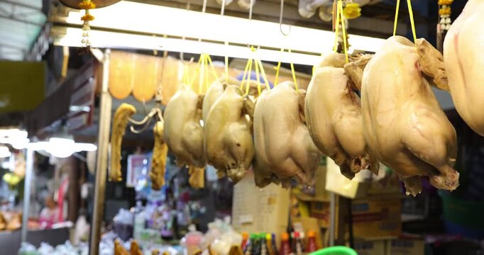 Stir-fried Minced Pork and duck with Chinese soup sell in tradition local market Bangkok Thailand