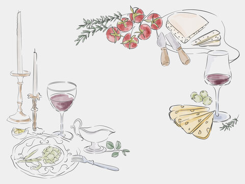 Watercolor Mediterranean Dinner Table Border Illustration