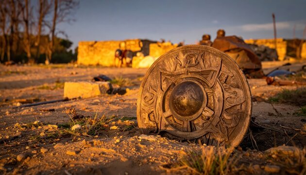 Ancient shield with intricate carvings rests on sandy ground at sunset with ruined building background
