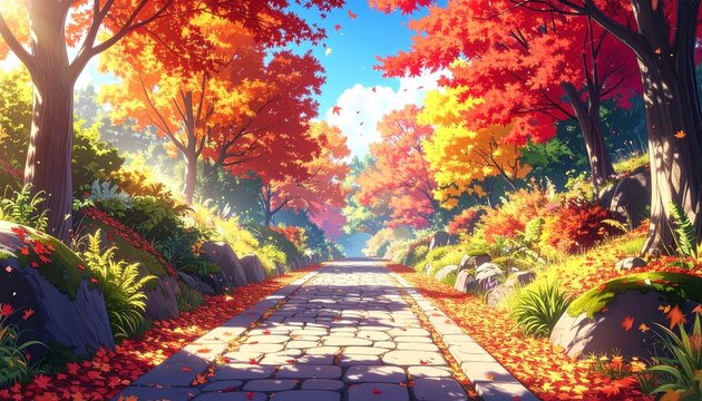 秋色に包まれる石畳の散歩道