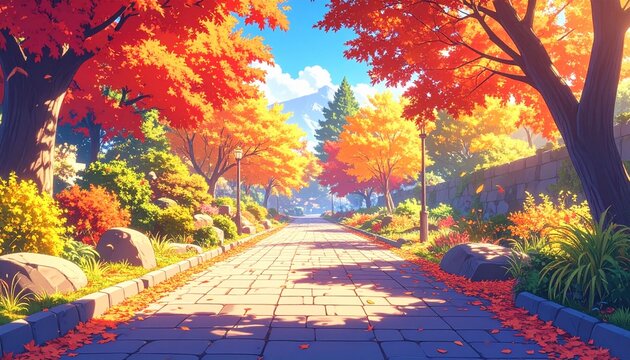 秋色に包まれる石畳の散歩道