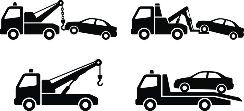 Set of tow truck icons with different towing methods