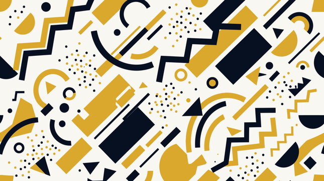 Abstract memphis geometric pattern design with yellow and dark shapes on light ground.
