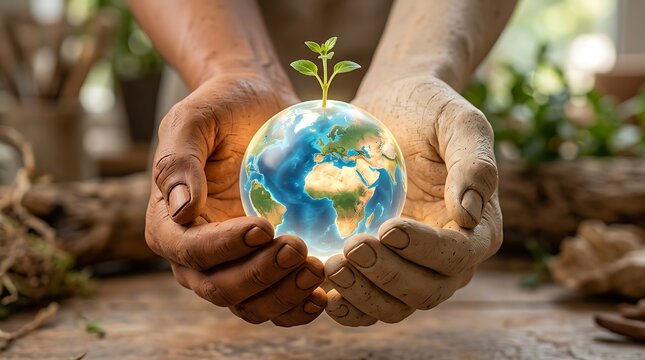 Two weathered human hands cupping a glowing glass globe with a small green plant sprout growing out of the against a blurred background