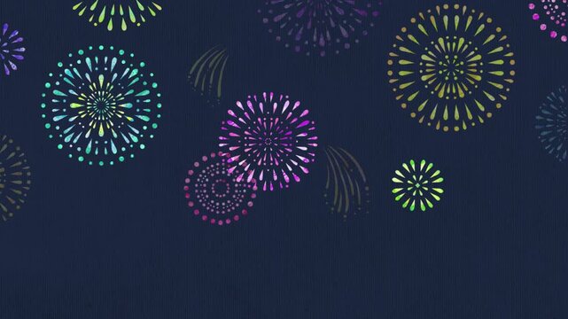 カラフルな打上花火が次々と打ち上がる夜空のアニメーション動画