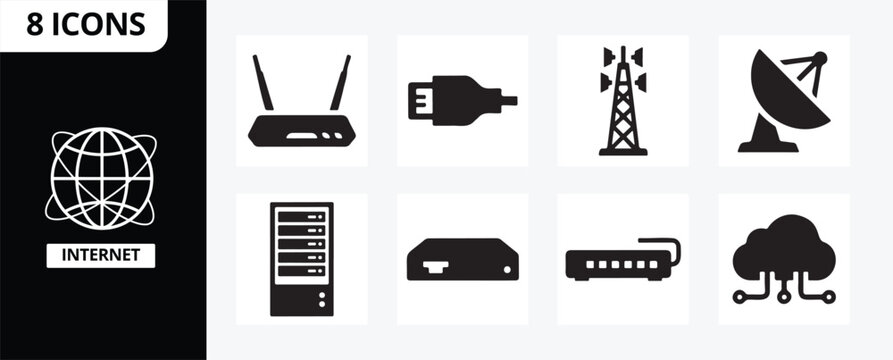 Internet Service Provider Network Silhouette Icon Set