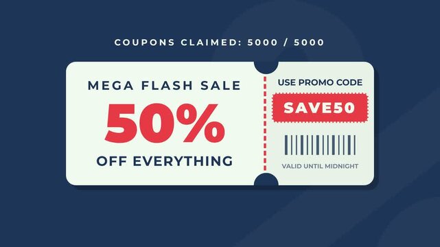 Discount coupon animation, dynamic sale promotion with 50 percent off, evolving coupon claim progress, seamless loop, symbolizing savings and urgency.