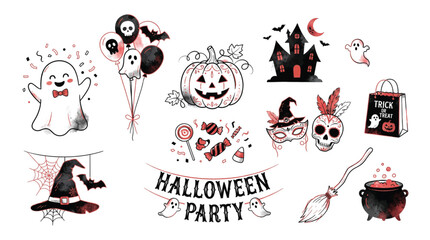 Fototapeta premium Halloween Party Vector Collection with Spooky Decorations and Holiday Elements Isolated on White Background