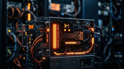Fototapeta premium Futuristic server rack with glowing orange lights. High-tech data center hardware for digital computing.