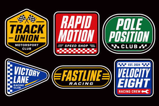 A collection of six vibrant racing and motorsport club logos and badges featuring various shapes, colors, and speed-related typography on a dark background.