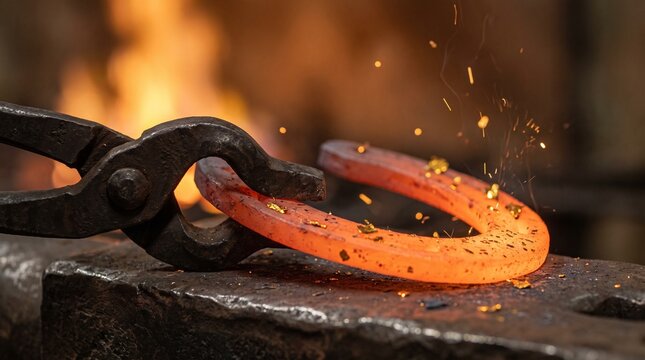 Blacksmith forging a red-hot horseshoe on an anvil with tongs, sparks flying. A close-up of traditional metalwork and craftsmanship with a fiery background.