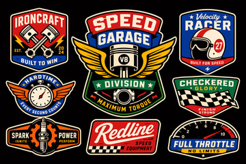 Naklejka premium A collection of nine vintage-style racing and automotive-themed emblems and badges, featuring pistons, helmets, checkered flags, and speedometers, with bold typography.