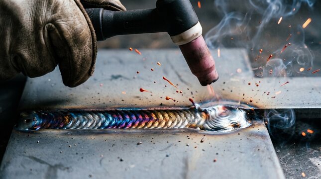 Close-up of a welder performing TIG welding on metal, showcasing the vibrant heat tints on the precise weld bead with sparks and smoke.