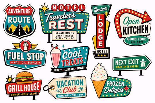 Collection of retro vintage American roadside signs for motels, diners, fuel stops, and travel adventures, featuring classic mid-century design.