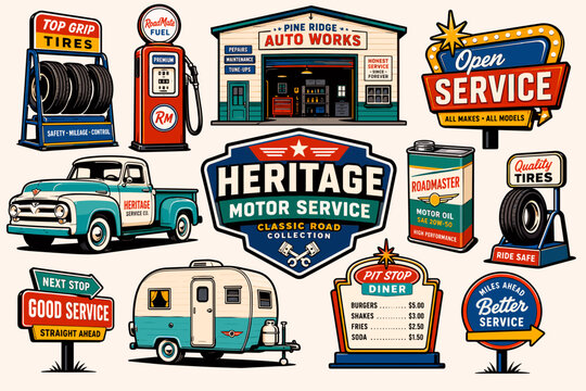 A collection of vintage-style illustrations featuring classic automotive service elements, including gas stations, repair shops, old trucks, travel trailers, and retro signs.