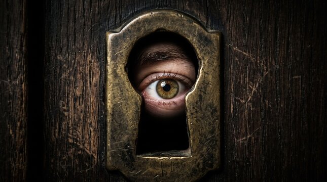 Close eye seen through wooden keyhole