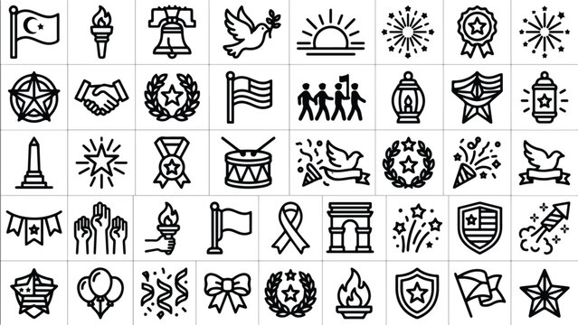 Patriotic line icons set, American Independence Day symbols, 40 national holiday vector elements