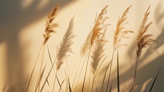 Ultra realistic wild grass shadow overlay sways across a bright minimalist background in warm sunlight, creating a premium seamless botanical video overlay with elegant natural movement.