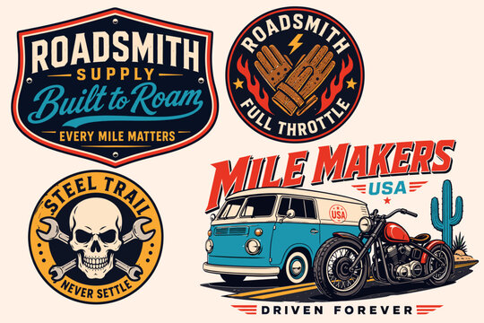 A collection of four vintage-style motorcycle and automotive emblems, featuring designs with a skull, wrenches, gloves, a classic van, and a motorbike, all with travel and adventure themes.