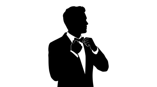 Silhouette of a man in a tuxedo adjusting his bow tie