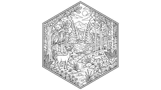 Hexagonal Forest Landscape with Woodland Animals Coloring Page Line Art