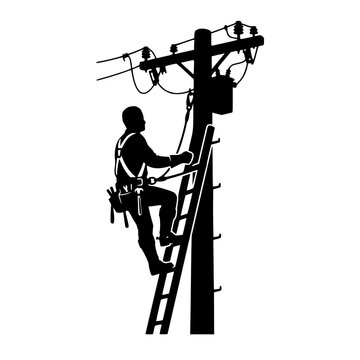 Silhouette of a Lineman Electrical Worker Climbing a Utility Pole