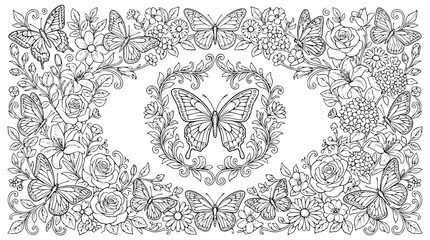 Obraz premium Butterfly and Flower Garden Coloring Page for Adults and Kids