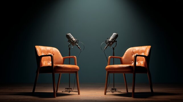 Wide banner of two podcast microphones and chairs on dark background with copy space for media conversations or streamers concepts