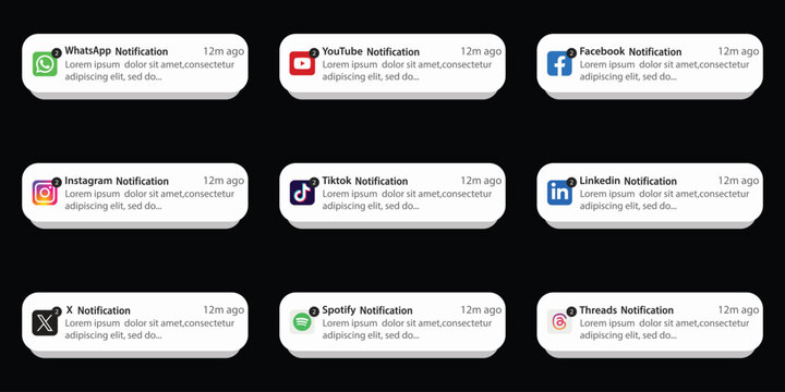 iOS notification mockup vector set, smartphone push message bubbles for popular apps including WhatsApp, YouTube, Facebook, Instagram, TikTok, LinkedIn, X, Spotify, and Threads.