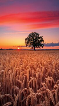 Beautiful golden wheat field at sunset with a single tree standing under a dramatic colorful sky, agriculture landscape in evening light.