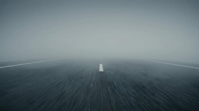 A blurred asphalt runway stretches forward into the heavy morning fog creating a sense of mystery and motion as travelers navigate through the thick gray atmosphere towards their unknown
