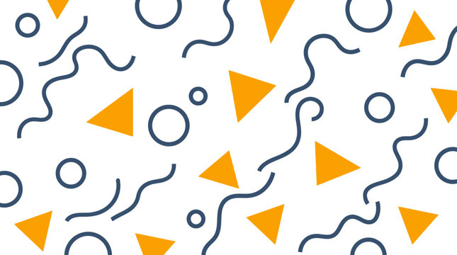 Geometric seamless pattern with yellow triangles blue circles and wavy lines elements.