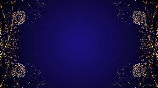 Blue festive fireworks border background golden sparks both sides, dark center copy space, elegant celebration style. event videos, party intros, anniversary titles, gala promos, and luxury overlays.