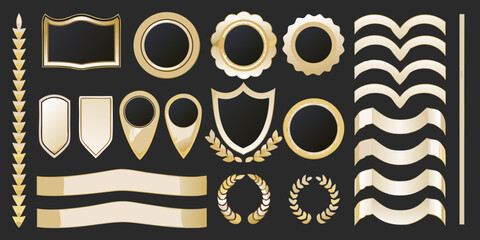 gold and black badge elements on dark background badges shield frames ribbons wreaths rope border ornament vector illustration design icon © Ramanath