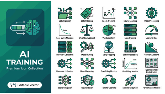 Ai training and machine learning icon set, artificial intelligence development, neural network and deep learning vector icons for data science projects