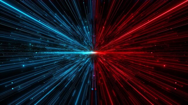 Blue red speed burst background split neon lines, glowing center impact, fast particles, dramatic contrast. sports videos, versus intros, gaming titles, action promos, and futuristic overlays.