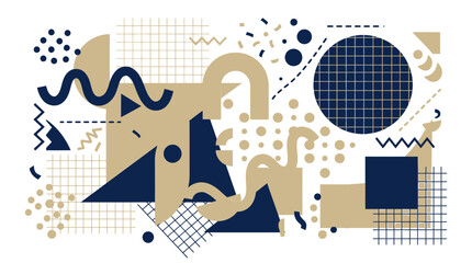 Obraz premium Abstract memphis style background with geometric shapes in dark blue and light tan colors.