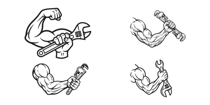 Strong muscular arm holding an adjustable wrench illustration with blue collar 